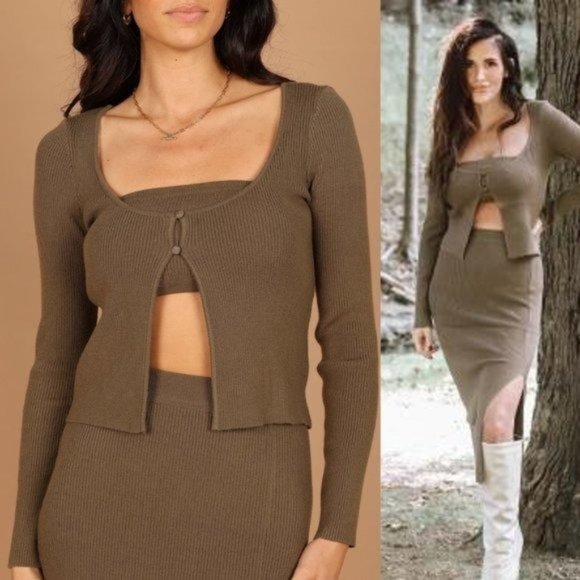 Petal & Pup NEW Luna Knitted Matching 3 Piece Set Midi Dress Olive Green Size M - Picture 2 of 13